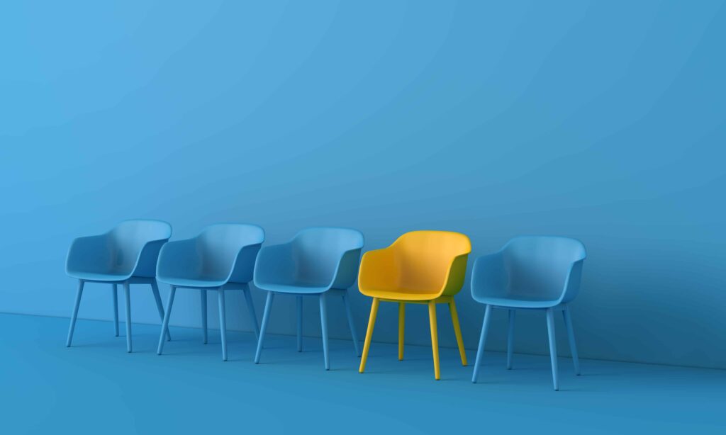 Yellow,Chair,Standing,Out,From,The,Crowd.,Business,Concept